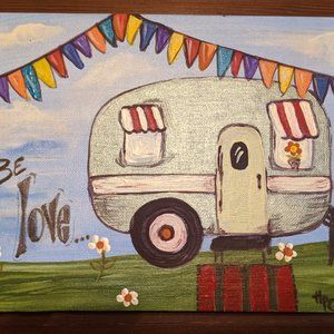 Original Painting 'Be Love'  Nursery Art  Vintage Airstream  Kids Room Happy Art